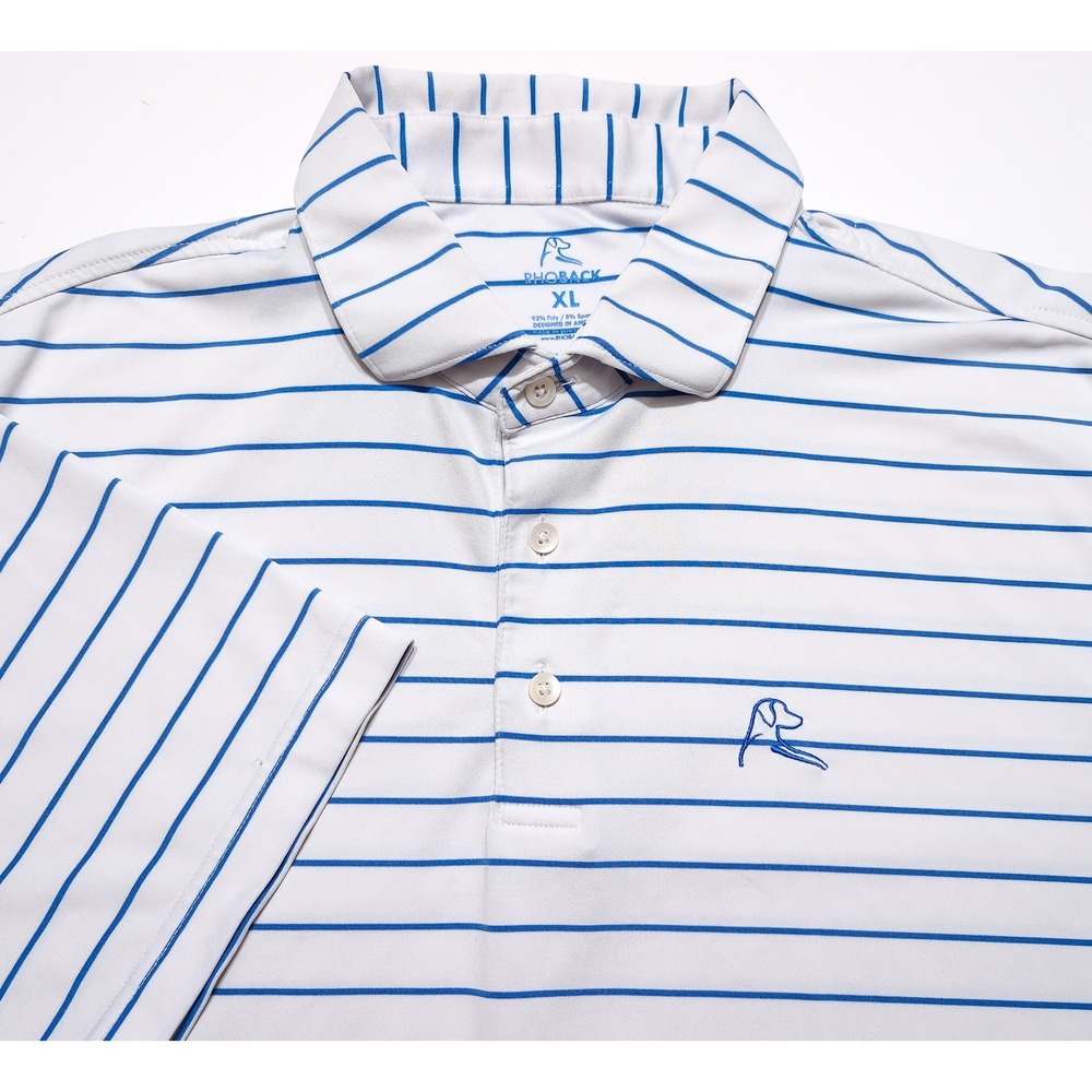 RHOBACK Polo Mens XL White Blue Used Striped Performance Golf Shirt